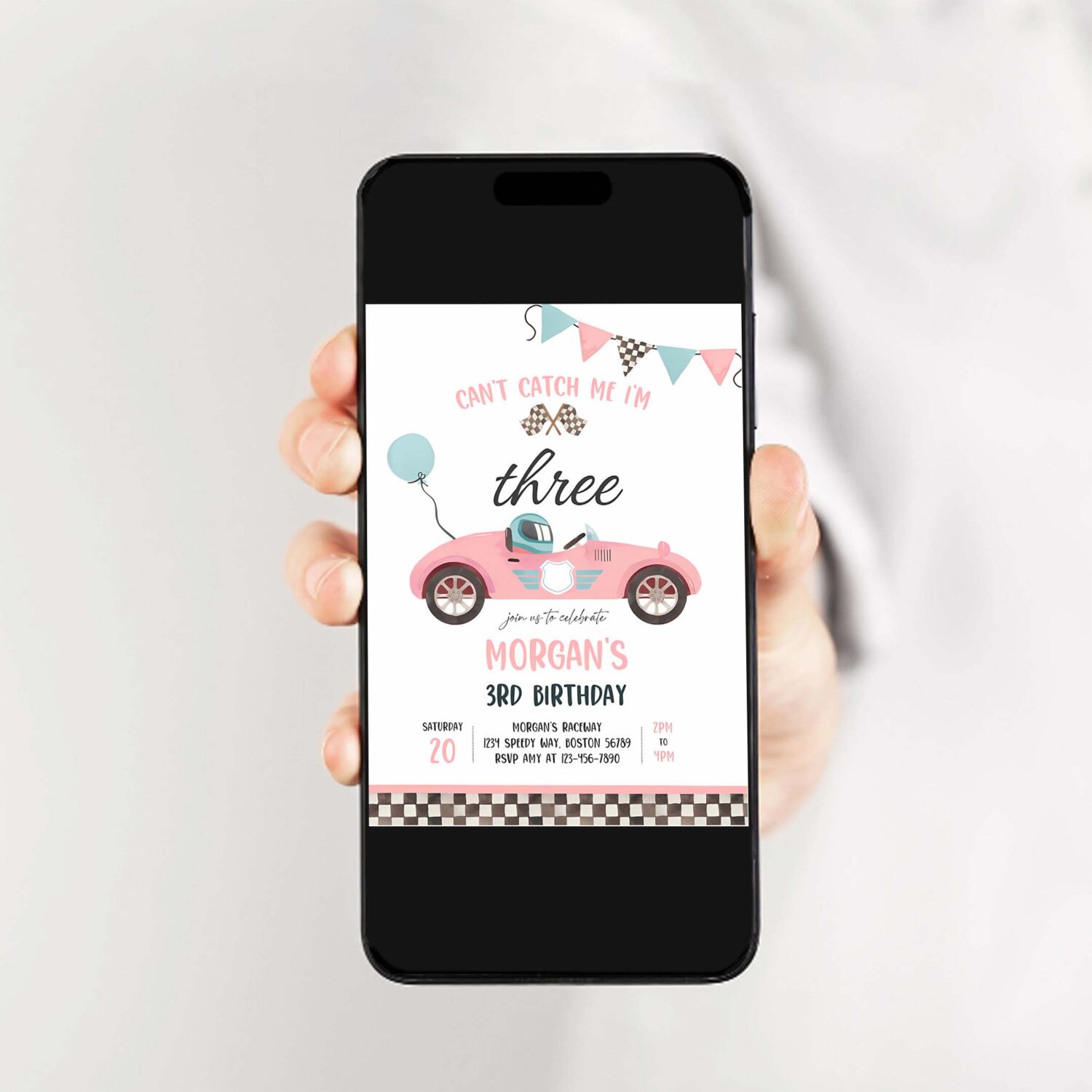 Editable pink race car 3rd birthday invitation cant catch me im three race car 3rd birthday party 2