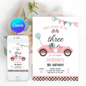 Racing Car Invitation, Pink Race Car 3rd Birthday Invitation