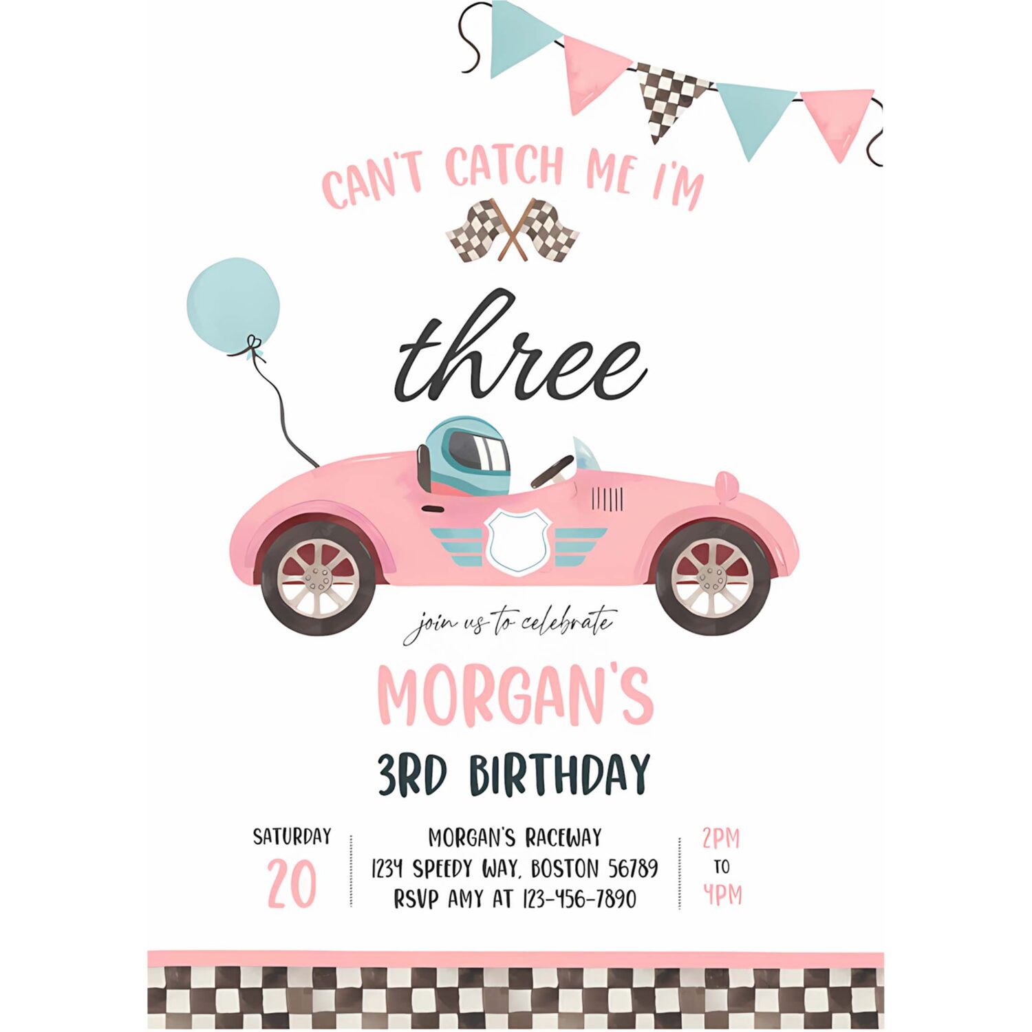 Editable pink race car 3rd birthday invitation cant catch me im three race car 3rd birthday party 4