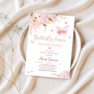 Editable pink rose gold butterfly kisses and baby wishes baby shower sprinkle invitation invite printable template 1