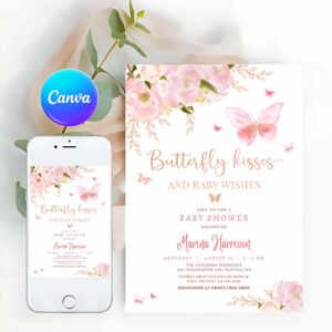 Butterfly Invitation, Pink Rose Gold Butterfly Kisses and Baby Wishes Baby Shower Sprinkle Invitation