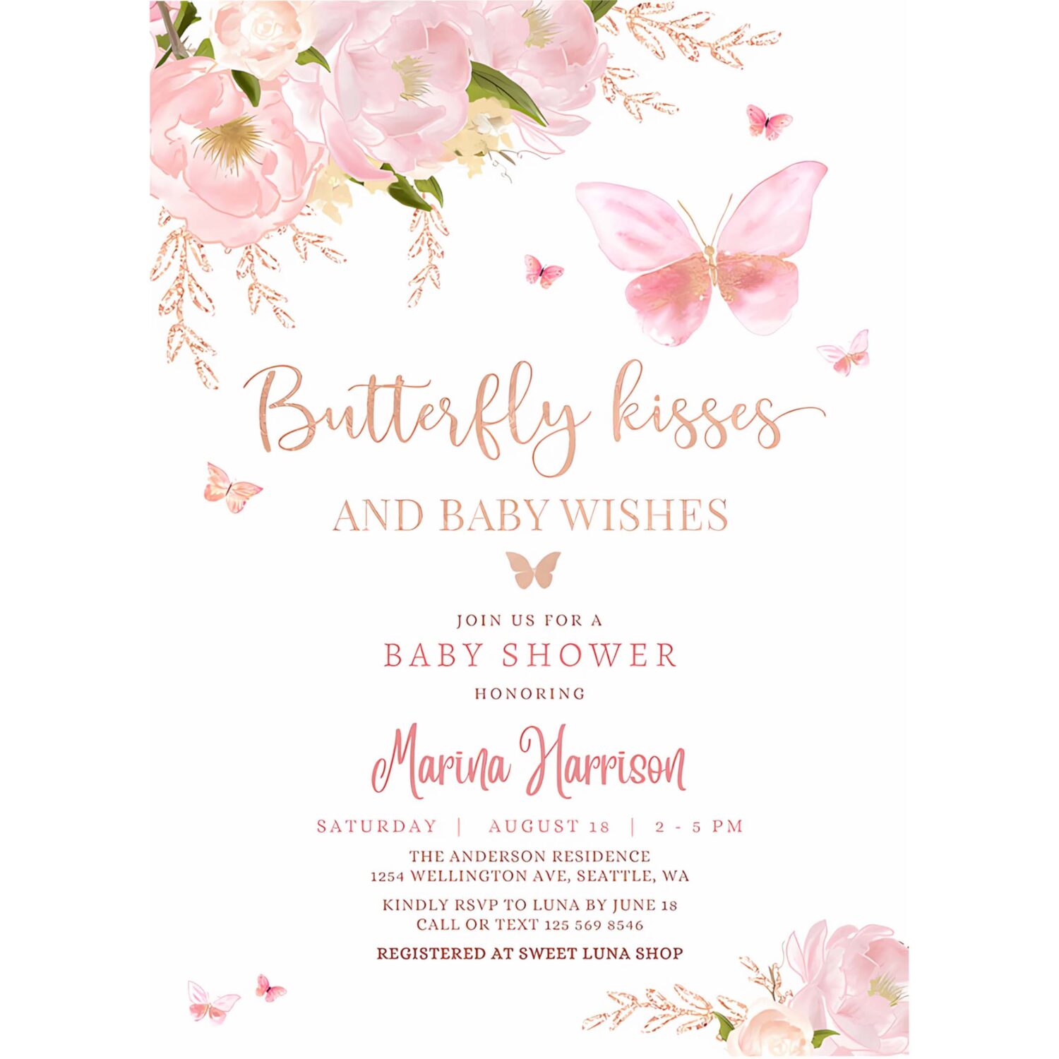 Editable pink rose gold butterfly kisses and baby wishes baby shower sprinkle invitation invite printable template 4