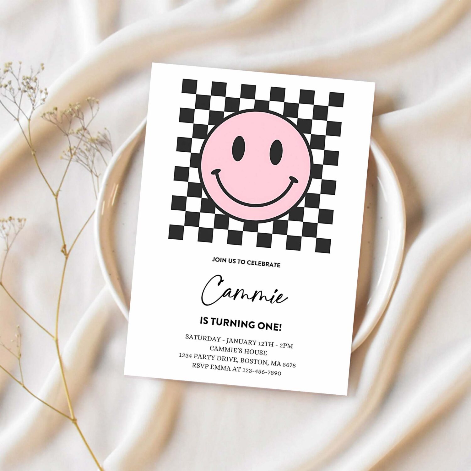 Editable pink smiley face 1st birthday invitation one happy girl 1st birthday happy face birthday hipster 1st birthday 1