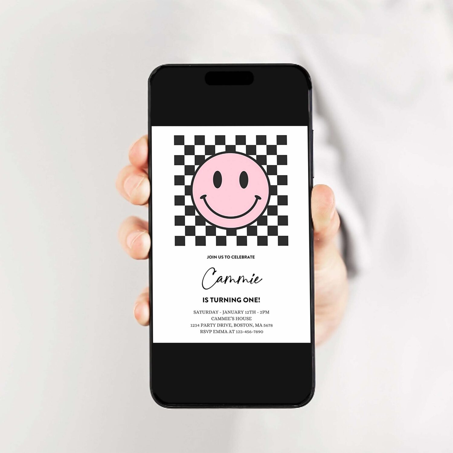 Editable pink smiley face 1st birthday invitation one happy girl 1st birthday happy face birthday hipster 1st birthday 2