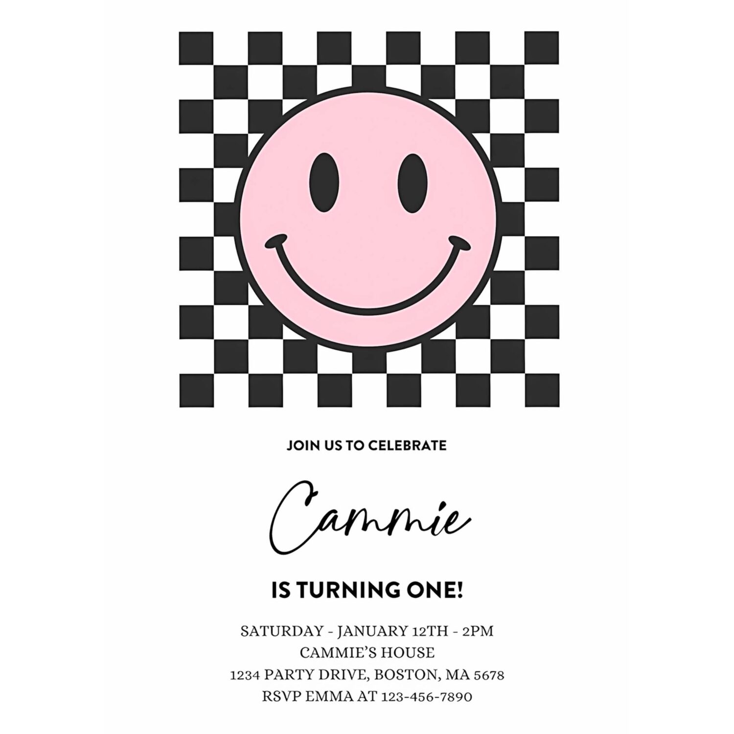 Editable pink smiley face 1st birthday invitation one happy girl 1st birthday happy face birthday hipster 1st birthday 4