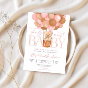 Editable pink tan girl teddy bear hot air balloon bear baby shower invitation we can bearly wait invites template 1
