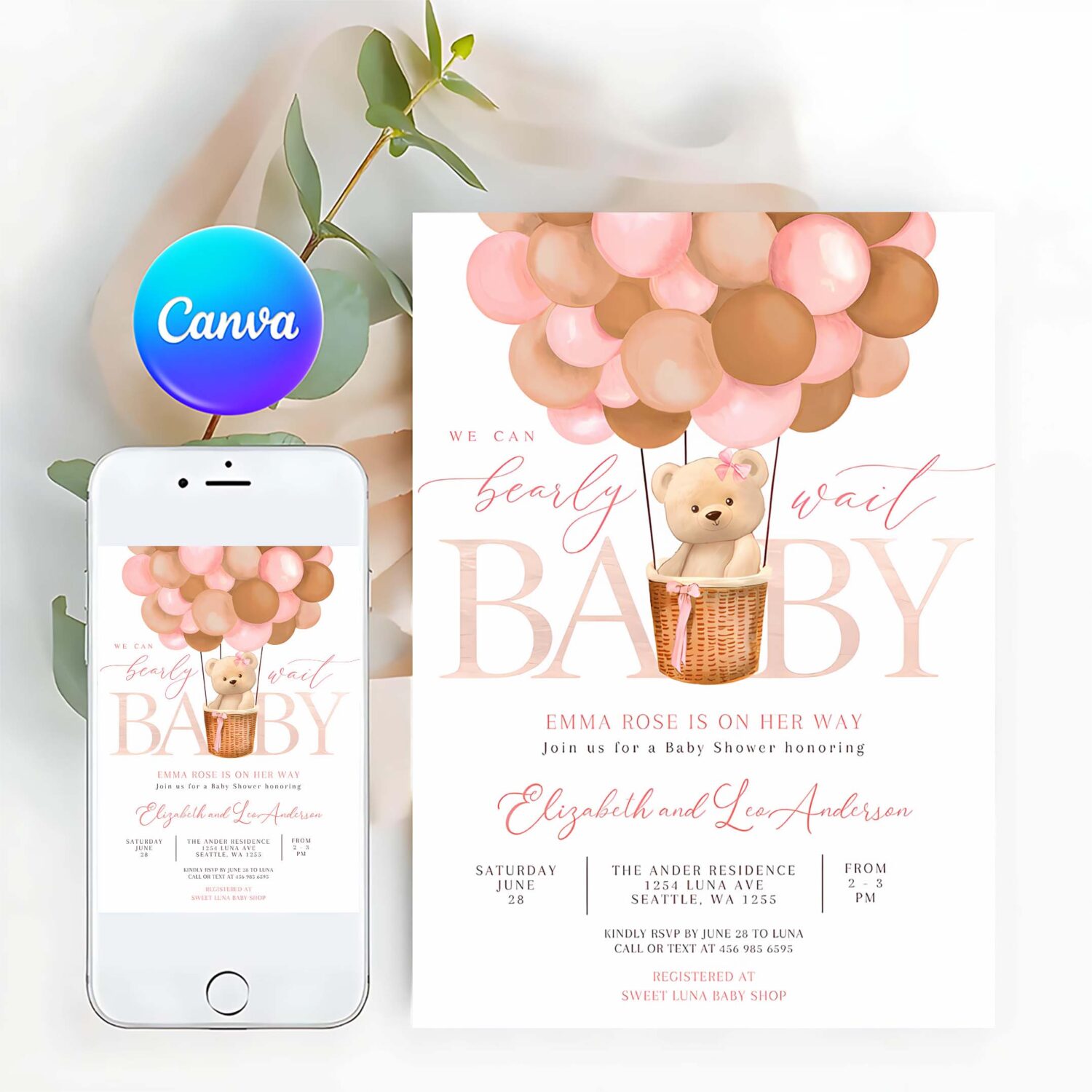 Editable pink tan girl teddy bear hot air balloon bear baby shower invitation we can bearly wait invites template