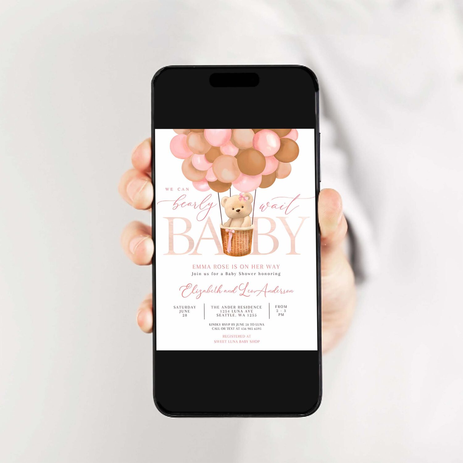 Editable pink tan girl teddy bear hot air balloon bear baby shower invitation we can bearly wait invites template 2