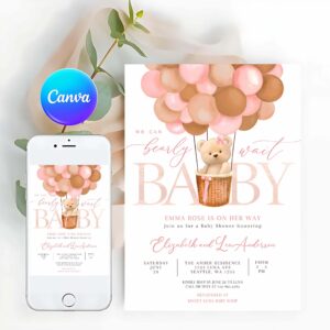 Teddy Bear Invitation, Pink Tan Girl Teddy Bear Hot Air Balloon Bear Baby Shower Invitation