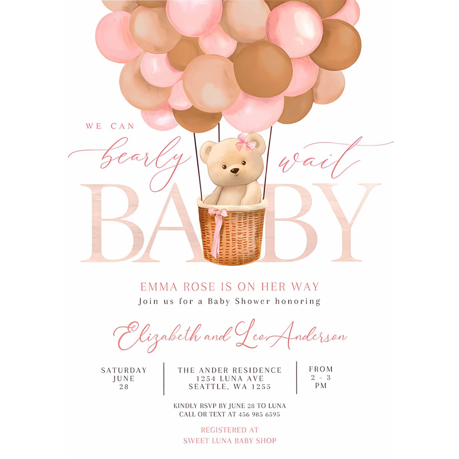Editable pink tan girl teddy bear hot air balloon bear baby shower invitation we can bearly wait invites template 4