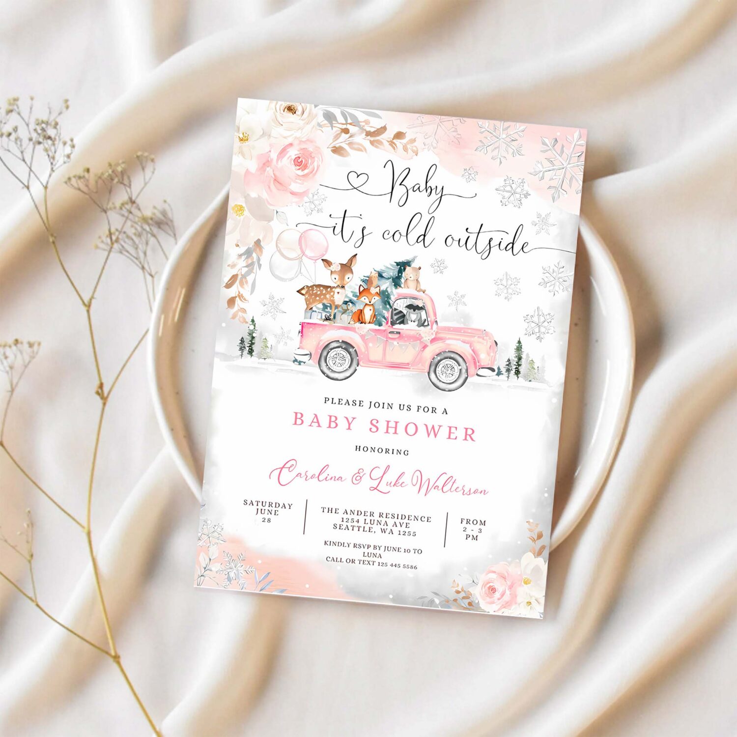 Editable pink winter woodland deer bear baby shower invitation girl blush truck baby its cold outside invite 1