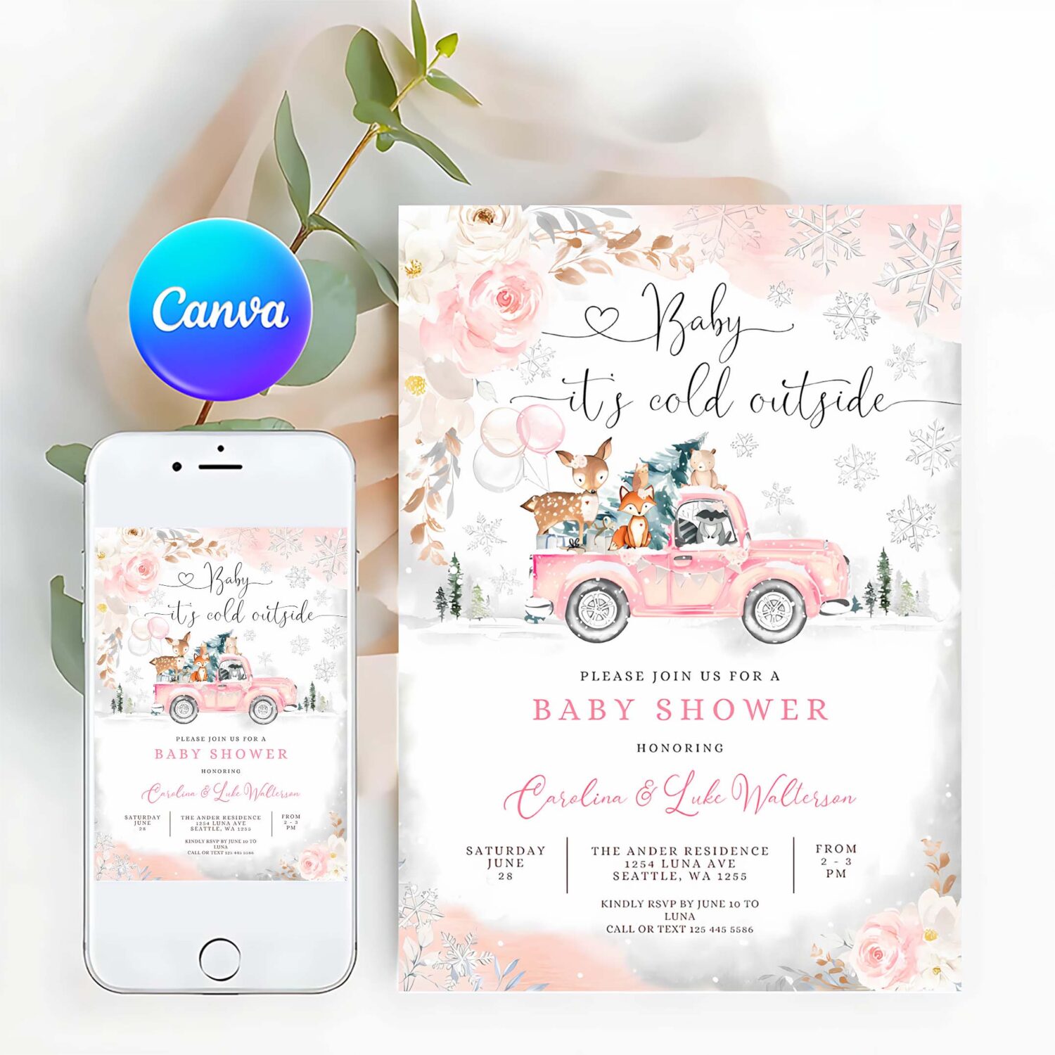 Editable pink winter woodland deer bear baby shower invitation girl blush truck baby its cold outside invite