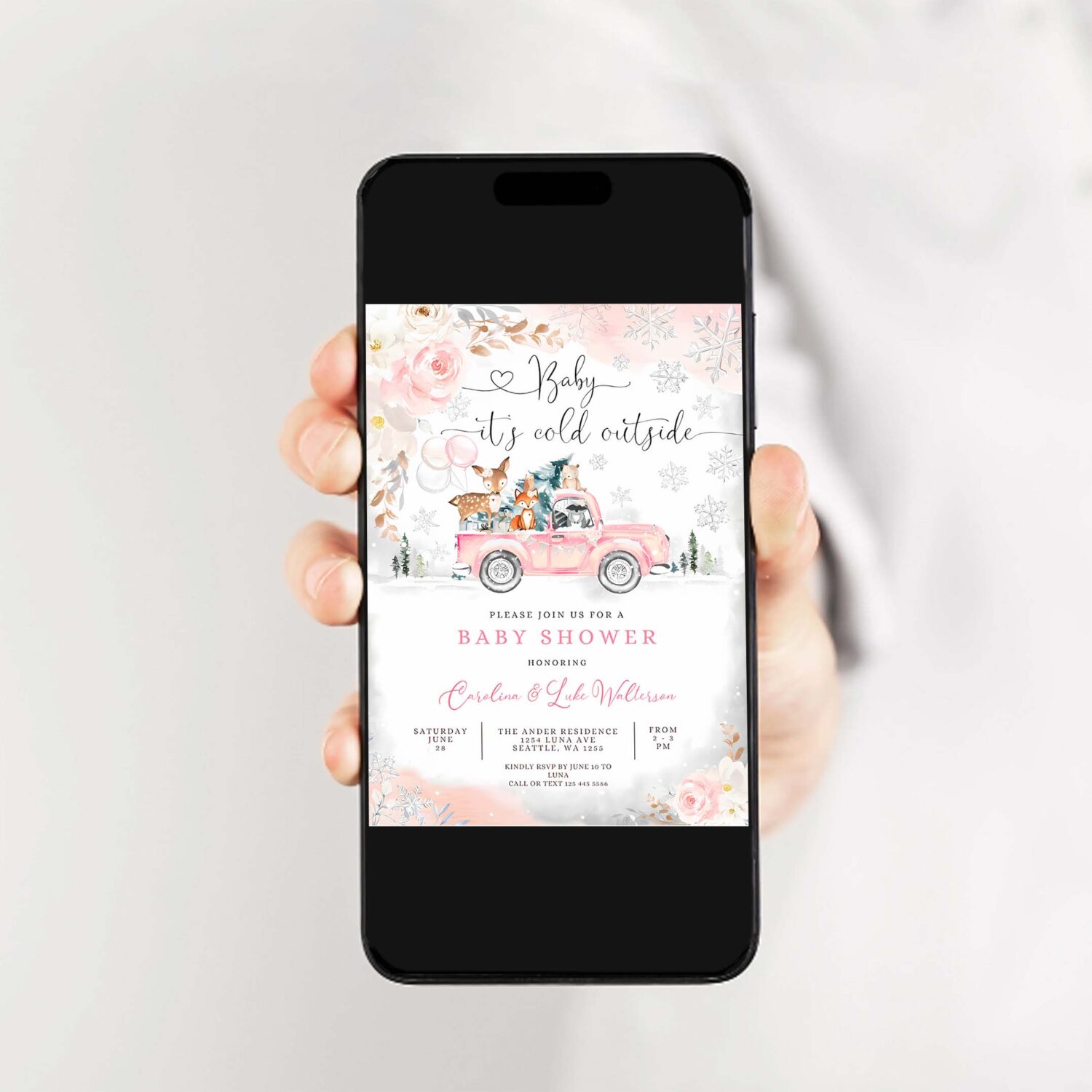 Editable pink winter woodland deer bear baby shower invitation girl blush truck baby its cold outside invite 2