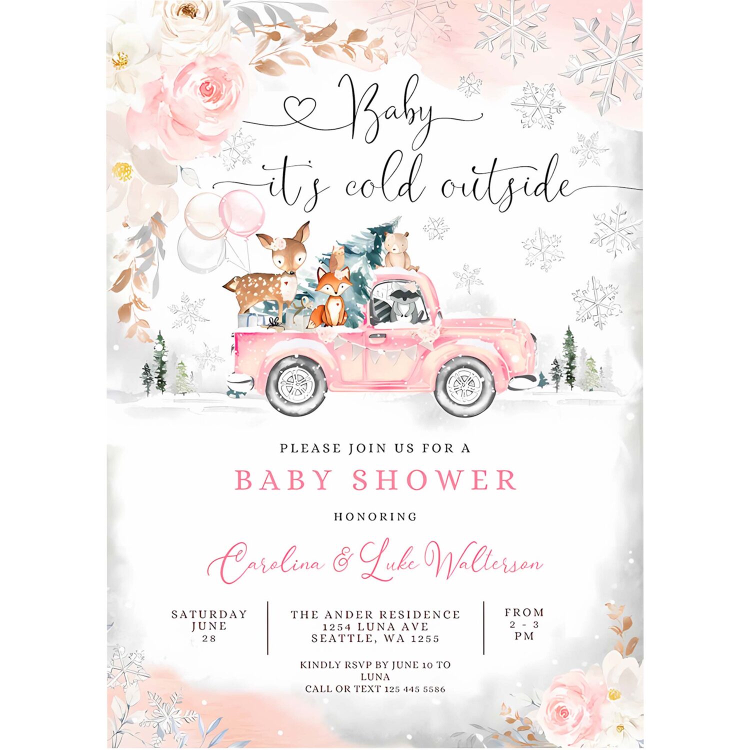 Editable pink winter woodland deer bear baby shower invitation girl blush truck baby its cold outside invite 4