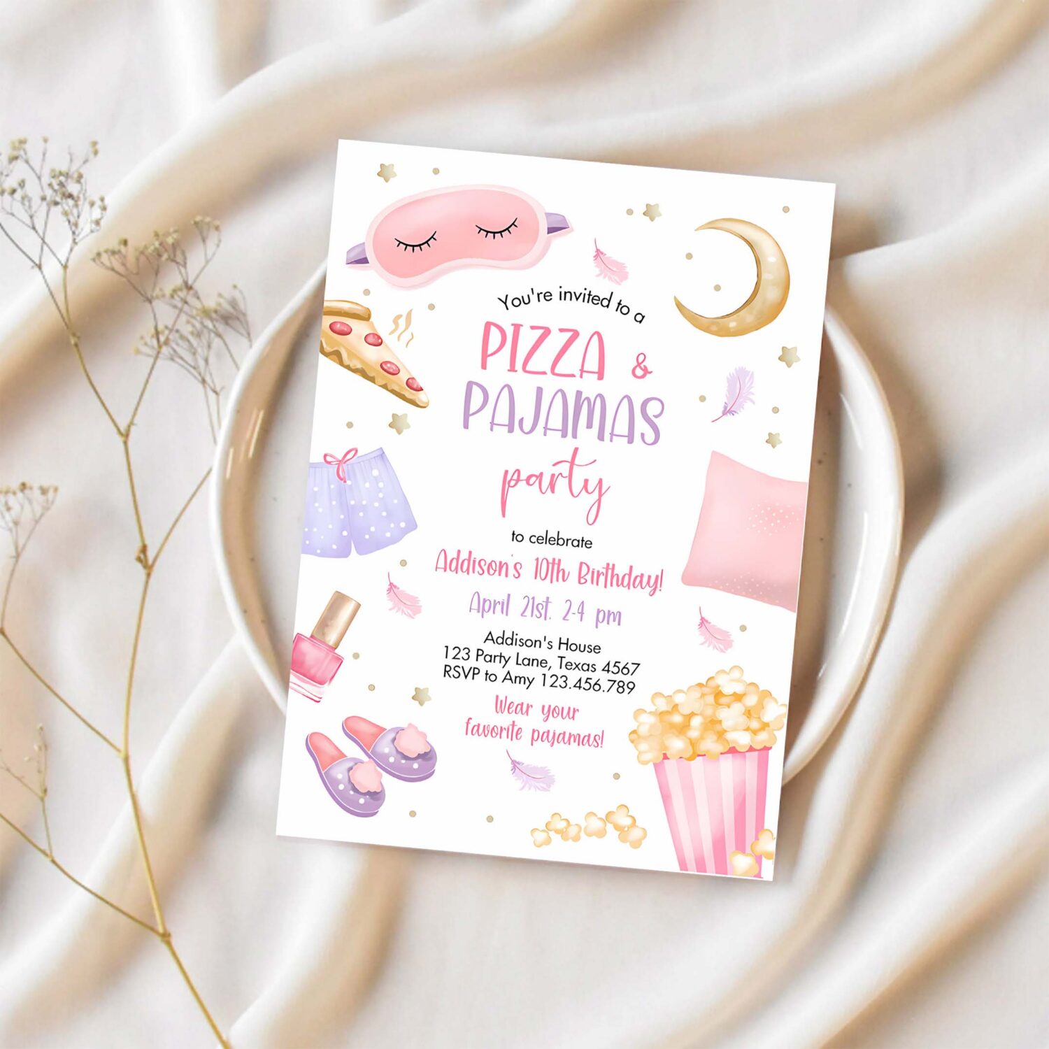Editable pizza and pajamas birthday invitation movie night party girl pink teen tween slumber party digital corjl template printable 0447 1