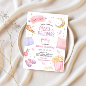 Editable pizza and pajamas birthday invitation movie night party girl pink teen tween slumber party digital corjl template printable 0447 1