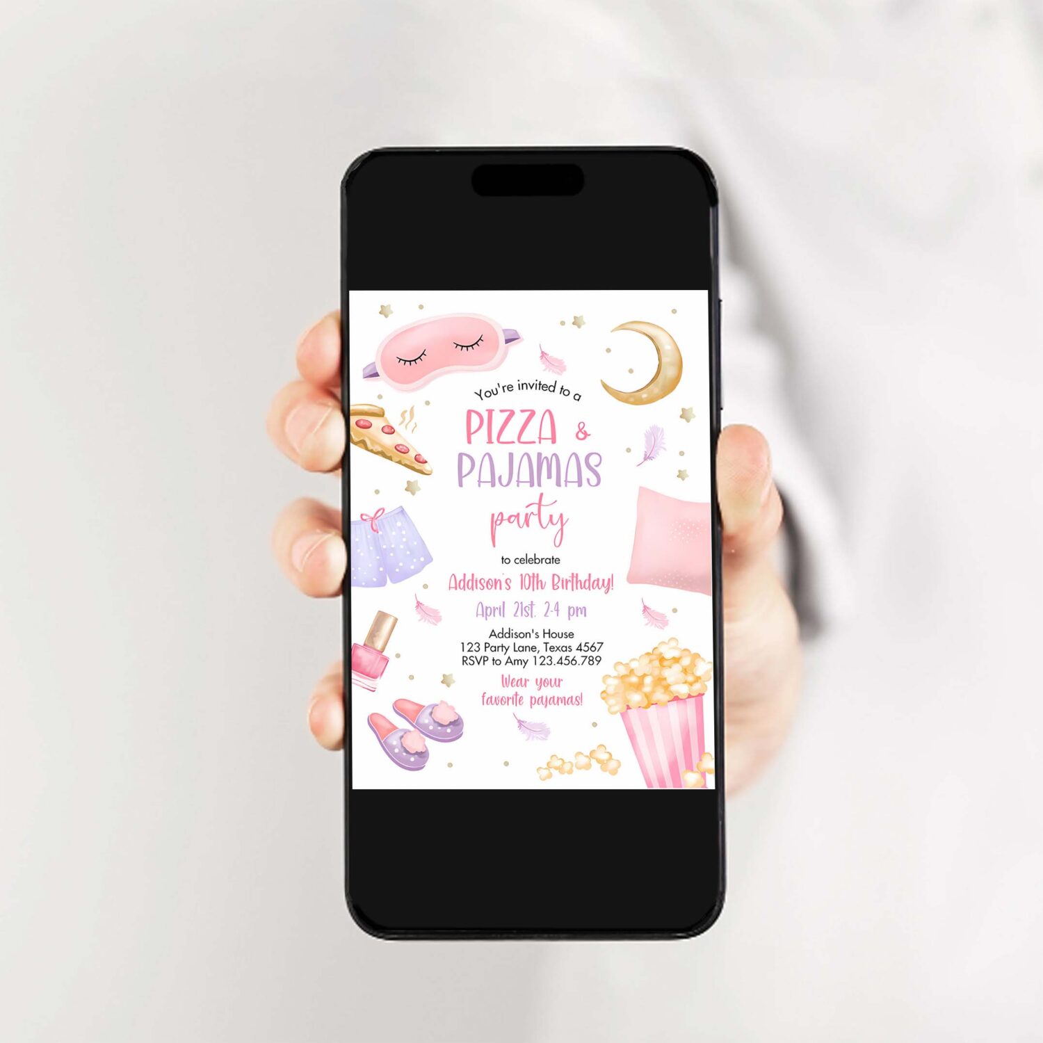 Editable pizza and pajamas birthday invitation movie night party girl pink teen tween slumber party digital corjl template printable 0447 2