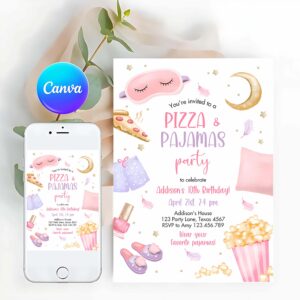 Pajama Party Invitation, Pizza and Pajamas Birthday Invitation