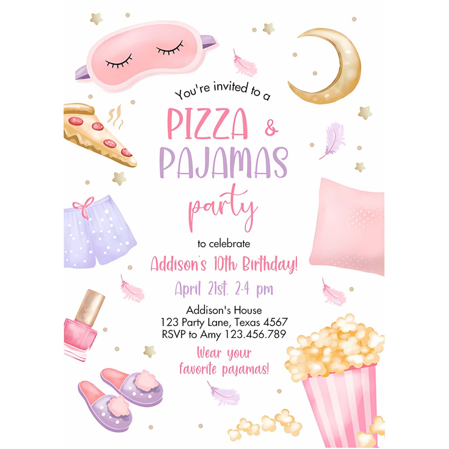 Editable pizza and pajamas birthday invitation movie night party girl pink teen tween slumber party digital corjl template printable 0447 4