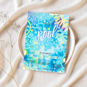 Editable pool party birthday invitation glow neon tie dye summer swimming pool birthday party instant download qa2 1