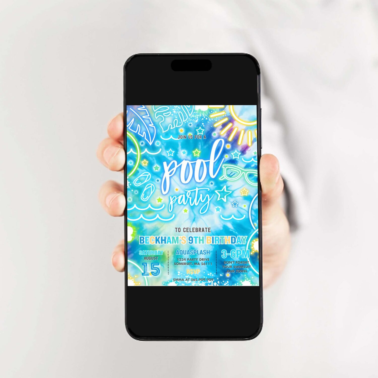 Editable pool party birthday invitation glow neon tie dye summer swimming pool birthday party instant download qa2 2