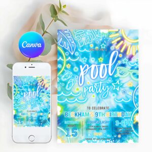 Pool Party Invitation, Pool Party Birthday Invitation Glow Neon Tie Dye Summer Swimming Pool Birthday Party