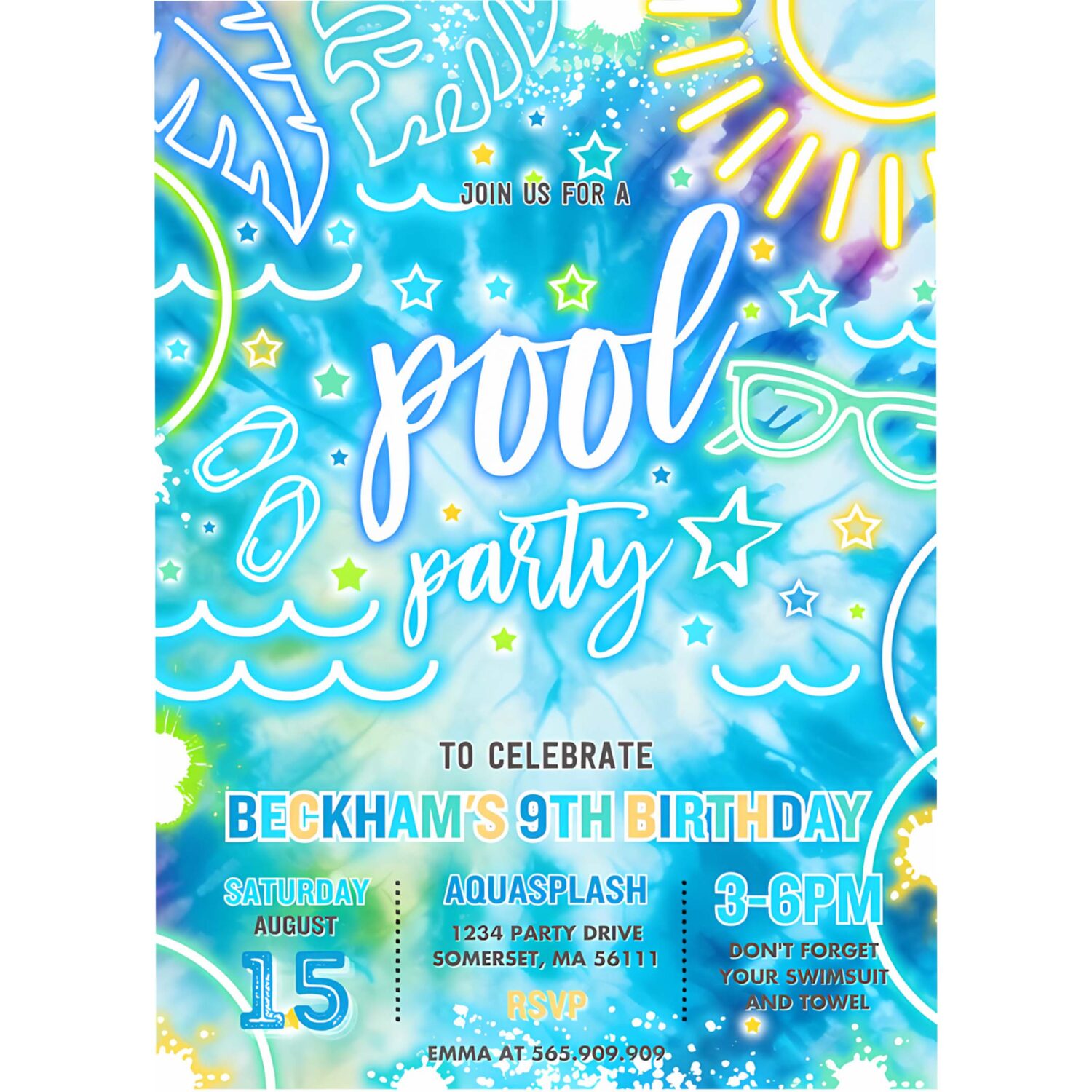 Editable pool party birthday invitation glow neon tie dye summer swimming pool birthday party instant download qa2 4