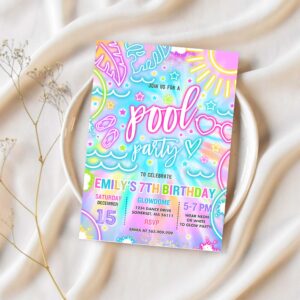 Editable pool party birthday invitation glow neon tie dye summer swimming pool birthday party instant download y3 1