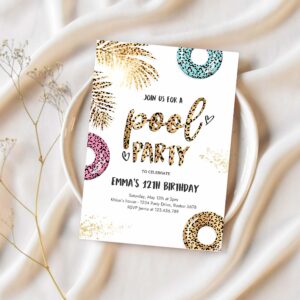 Editable pool party invitation girly leopard print pool birthday party invitation summer swimming pool birthday party 1