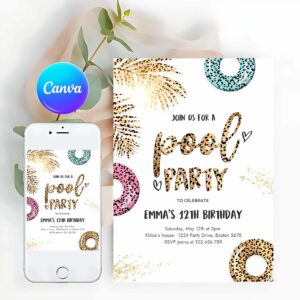 Pool Party Invitation, Girly Leopard Print Pool Birthday Party Invitation, Summer Swimming Pool Birthday Invitation