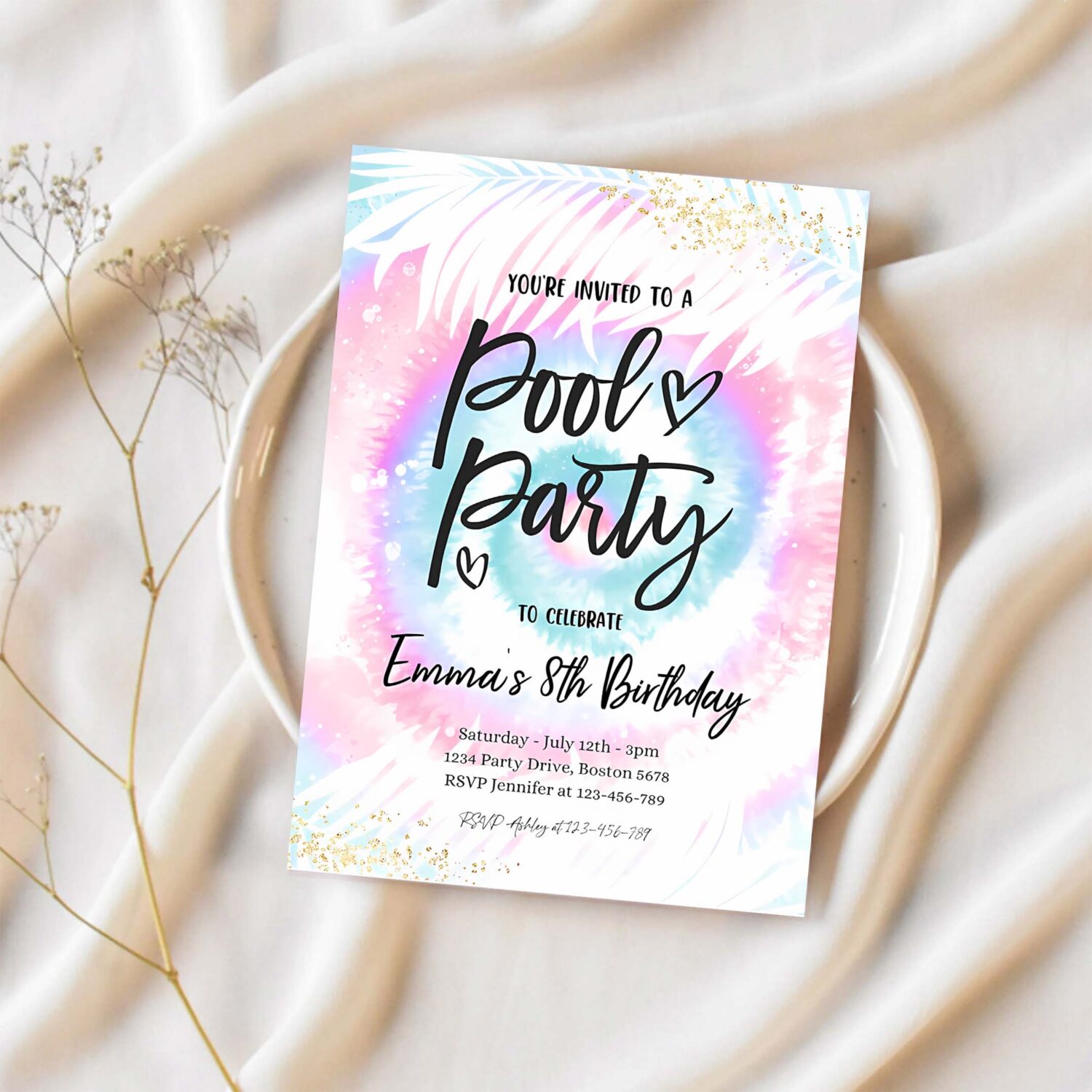 Editable pool party invitation girly pink blue tie dye pool party invitation pool birthday summer swimming pool party 1