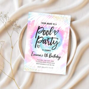 Editable pool party invitation girly pink blue tie dye pool party invitation pool birthday summer swimming pool party 1