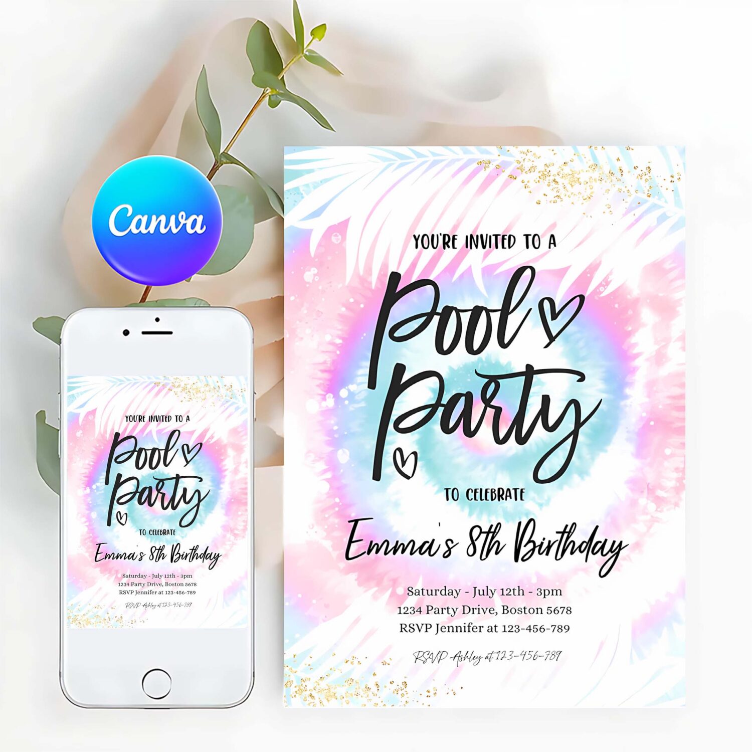 Editable pool party invitation girly pink blue tie dye pool party invitation pool birthday summer swimming pool party