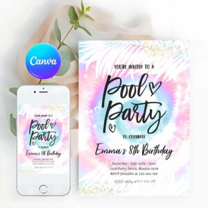 Pool Party Invitation, Girly Pink & Blue Tie Dye Pool Birthday, Summer Swimming Pool Party Invitation