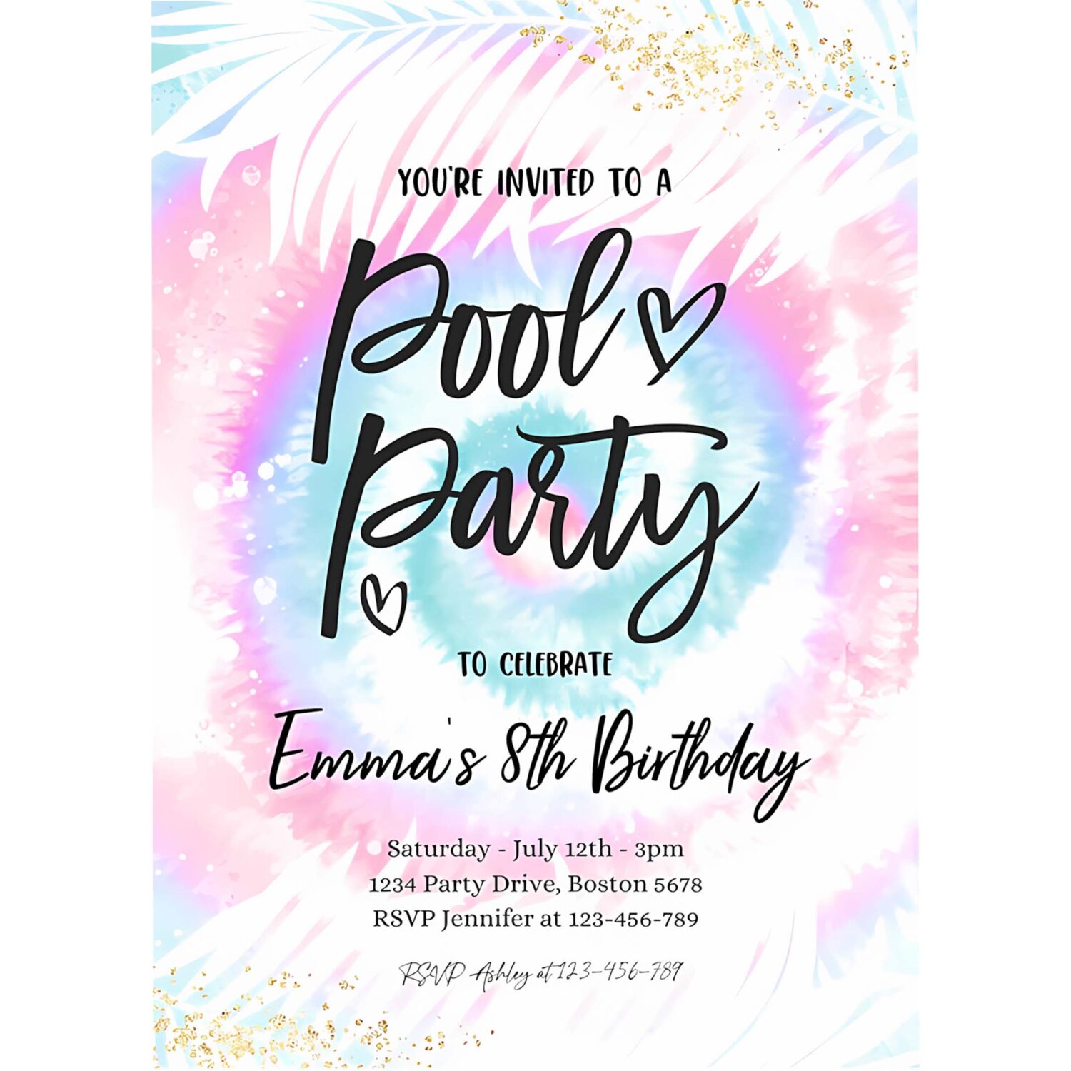 Editable pool party invitation girly pink blue tie dye pool party invitation pool birthday summer swimming pool party 4