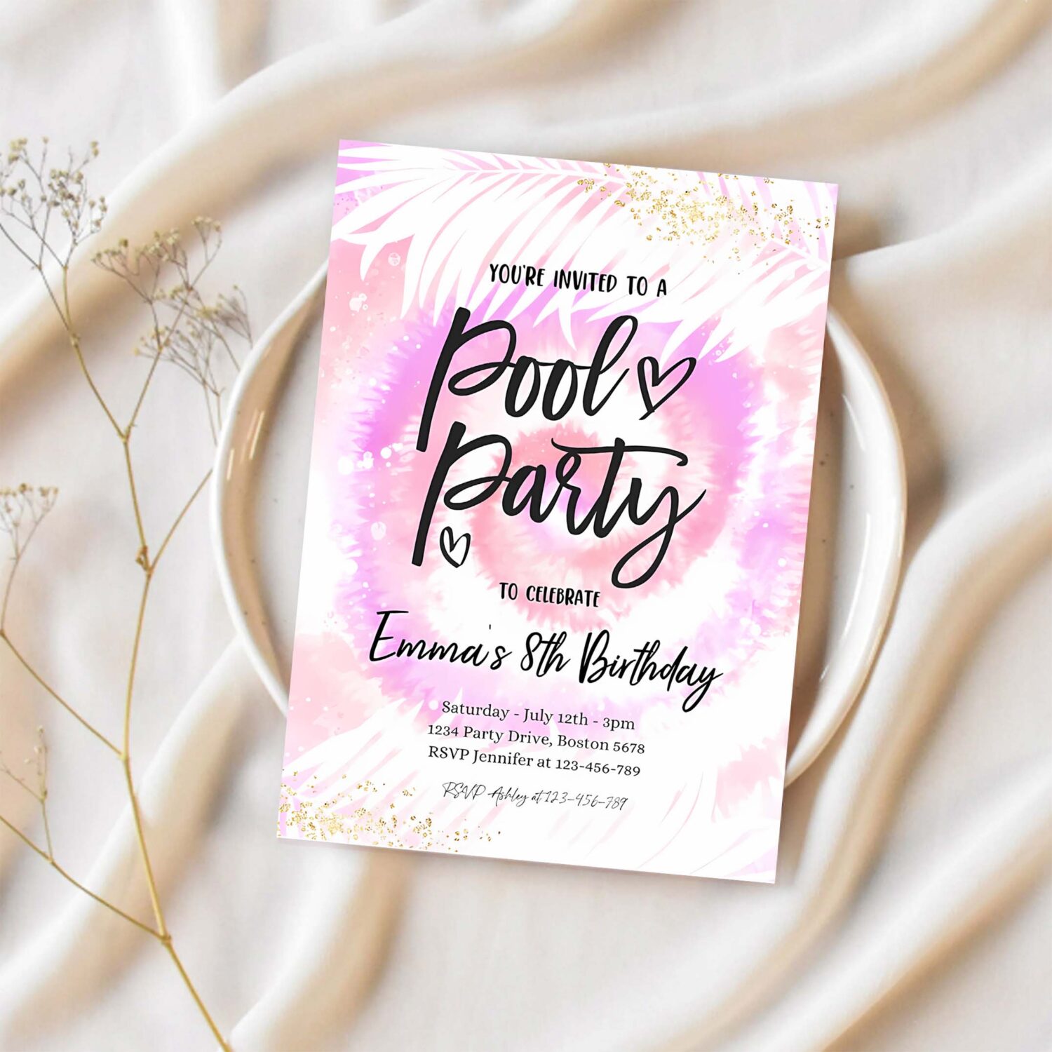 Editable pool party invitation girly pink purple tie dye pool party invite pool birthday summer swimming pool party 1