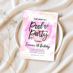 Editable pool party invitation girly pink purple tie dye pool party invite pool birthday summer swimming pool party 1