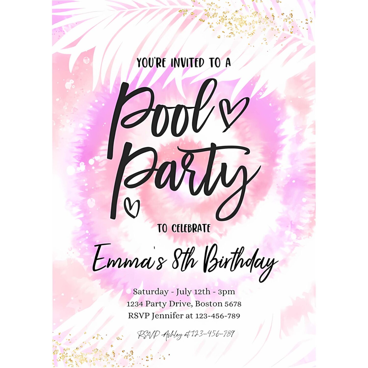Editable pool party invitation girly pink purple tie dye pool party invite pool birthday summer swimming pool party 4