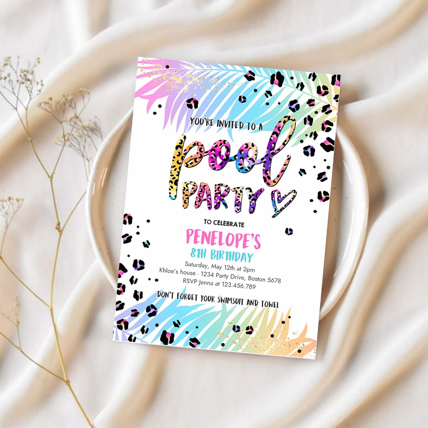 Editable pool party invitation girly rainbow cheetah print pool birthday party summer pool party bash birthday party 1