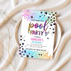 Editable pool party invitation girly rainbow cheetah print pool birthday party summer pool party bash birthday party 1