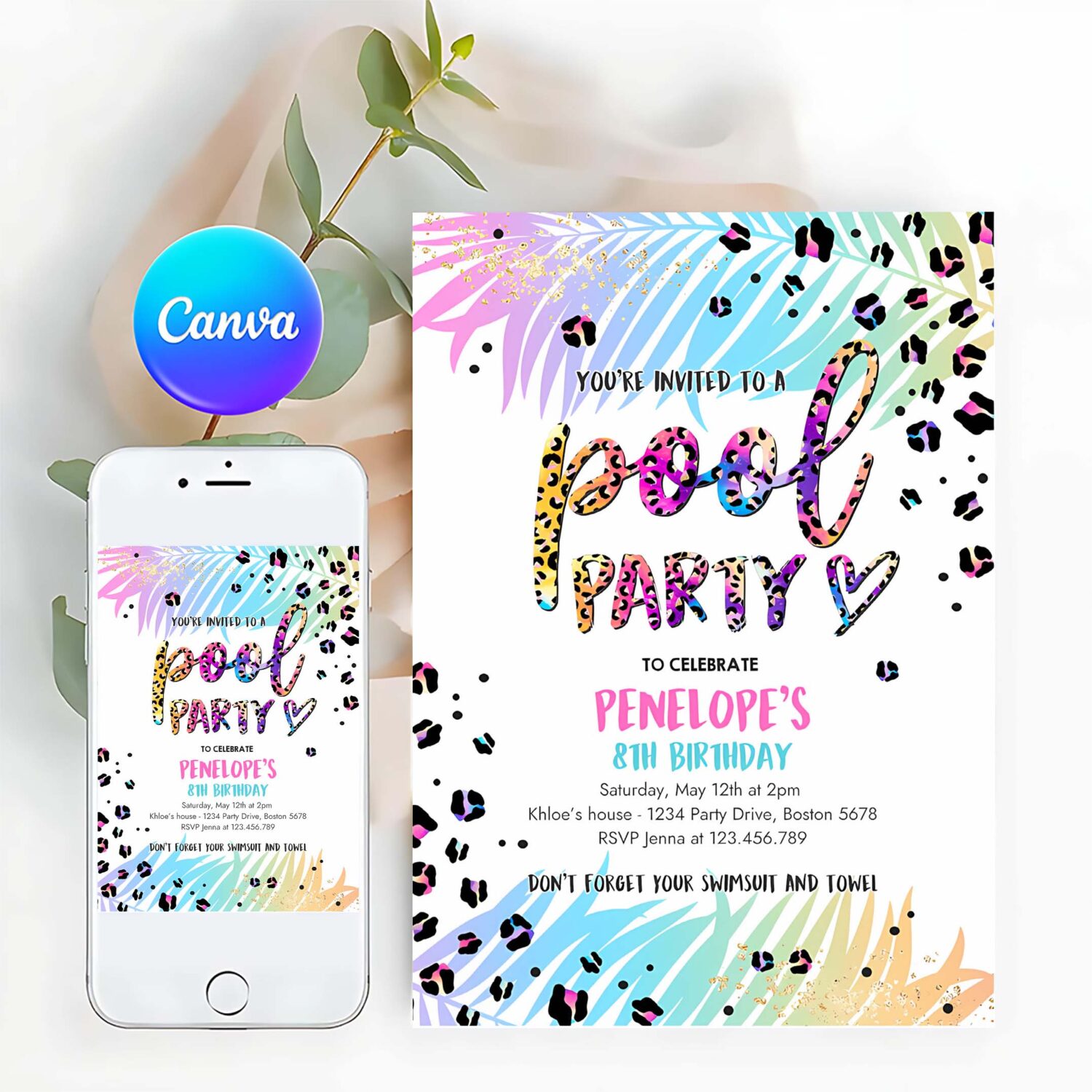 Editable pool party invitation girly rainbow cheetah print pool birthday party summer pool party bash birthday party