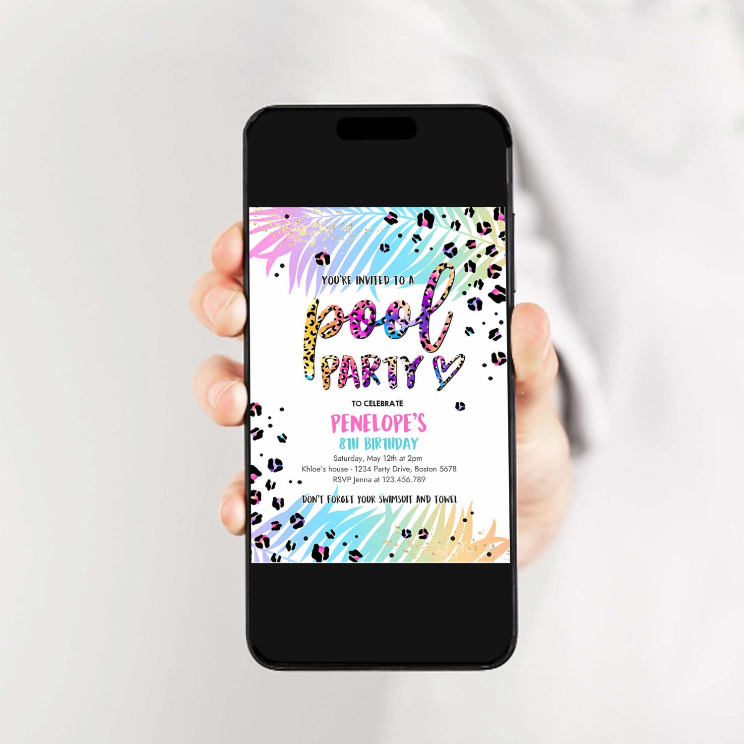 Editable pool party invitation girly rainbow cheetah print pool birthday party summer pool party bash birthday party 2