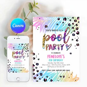 Pool Party Invitation, Girly Rainbow Cheetah Print Pool Birthday Party, Summer Pool Party, Bash Birthday Invitation