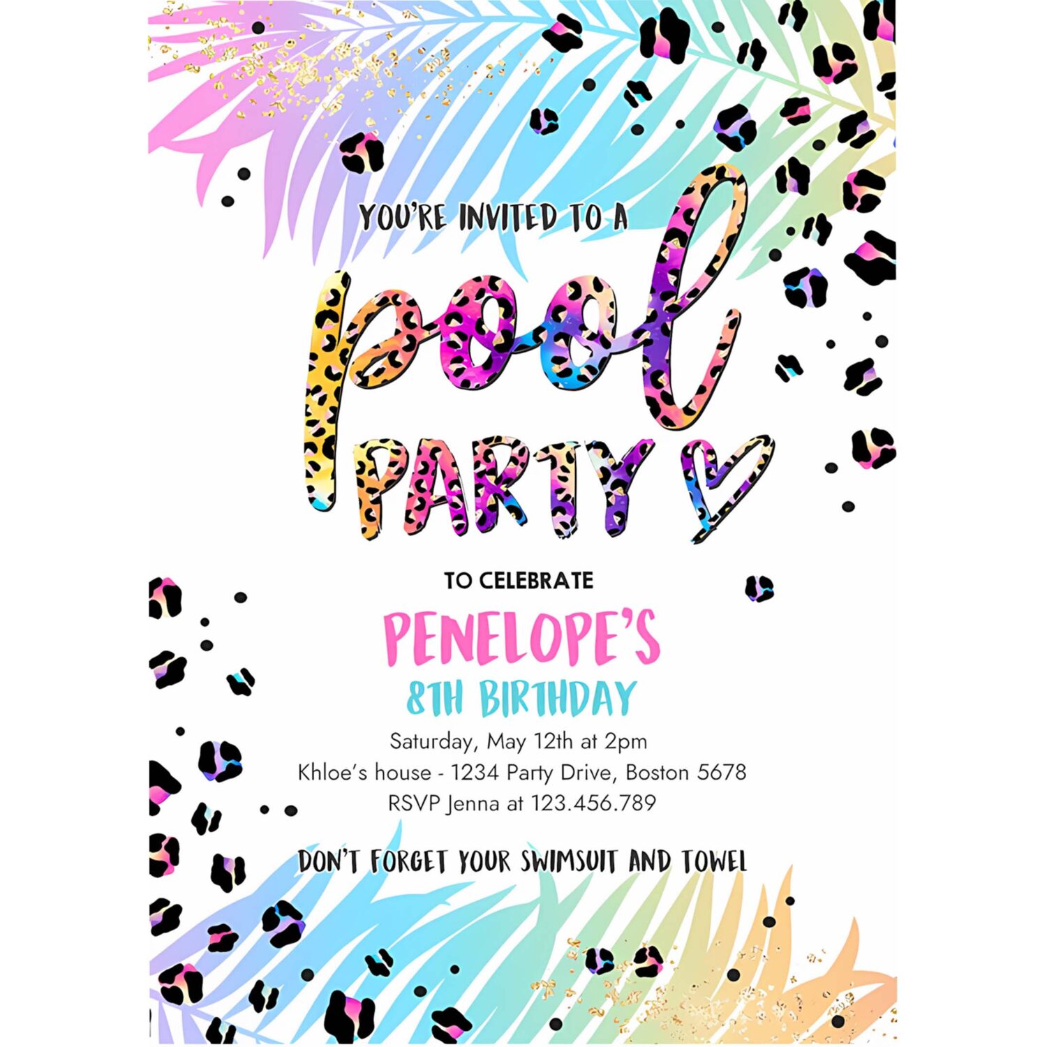 Editable pool party invitation girly rainbow cheetah print pool birthday party summer pool party bash birthday party 4