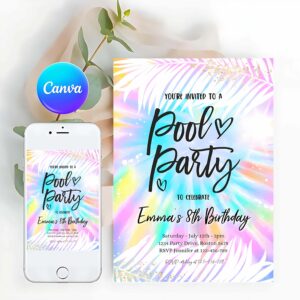 Pool Party Invitation, Girly Tie Dye Pool Birthday Party, Summer Swimming Pool Party Invitation