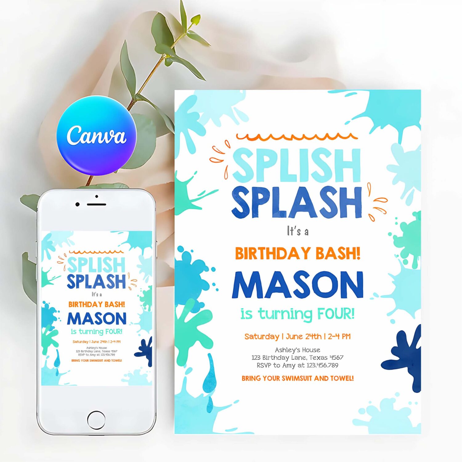 Editable pool party invitation splish splash birthday invite pool party bash beach swimming summer invite