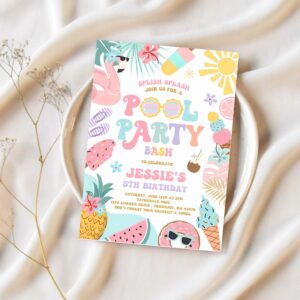Editable pool party invitation tropical splish splash girly pool party invitation summer swimming pool splash pad party 1