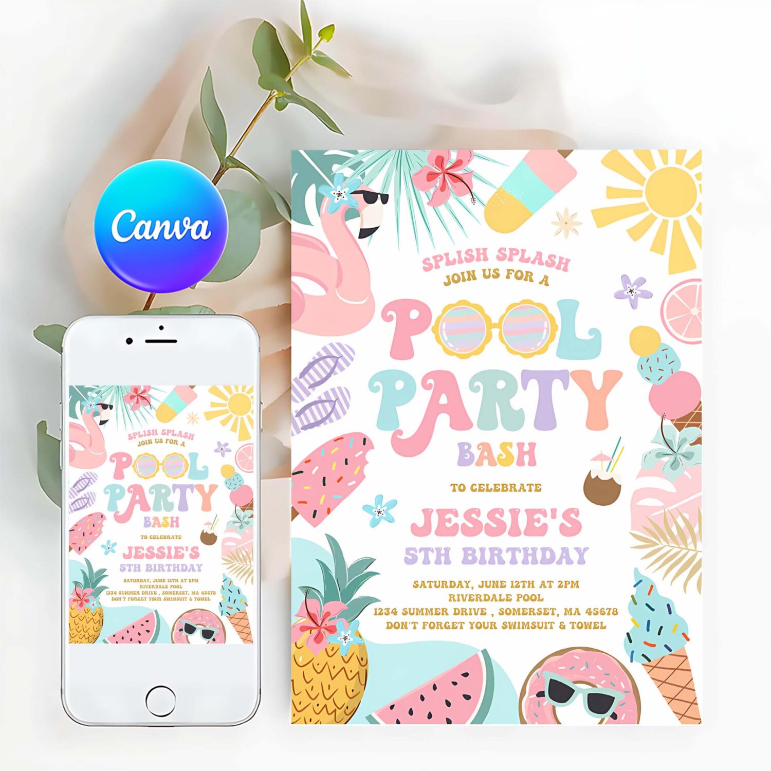 Editable pool party invitation tropical splish splash girly pool party invitation summer swimming pool splash pad party