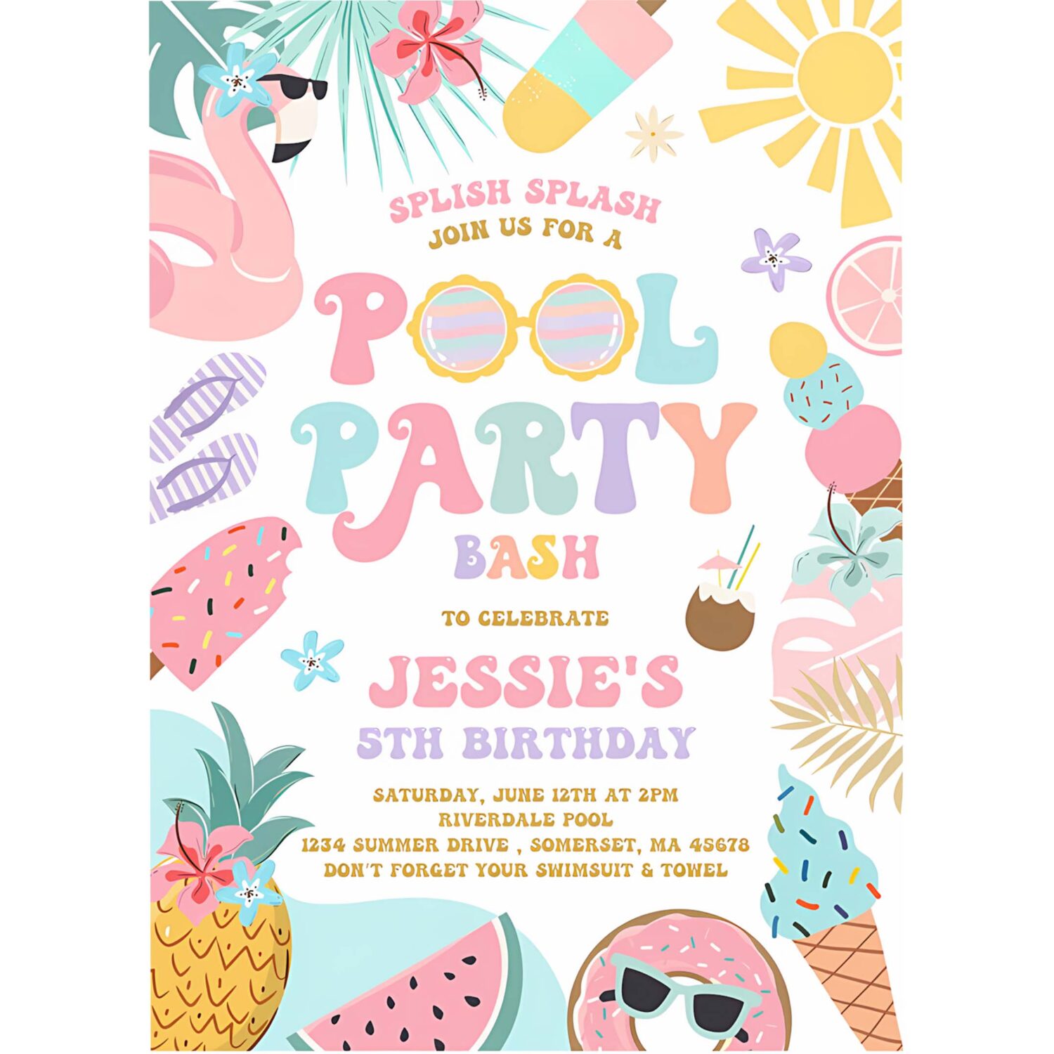 Editable pool party invitation tropical splish splash girly pool party invitation summer swimming pool splash pad party 4