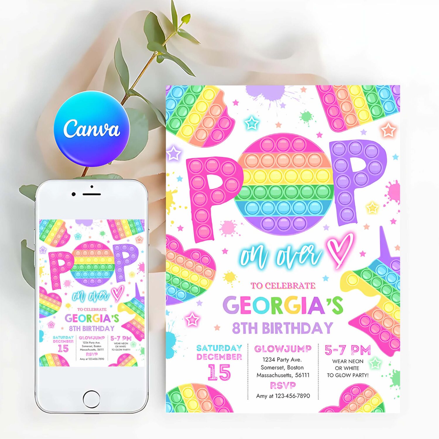 Editable pop it birthday party invitation pop it birthday party pastel rainbow pop it fidget toy party pop it party